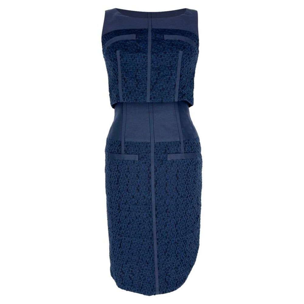 Oscar De La Renta Textured Layered Midi Dress in Navy Blue Cotton